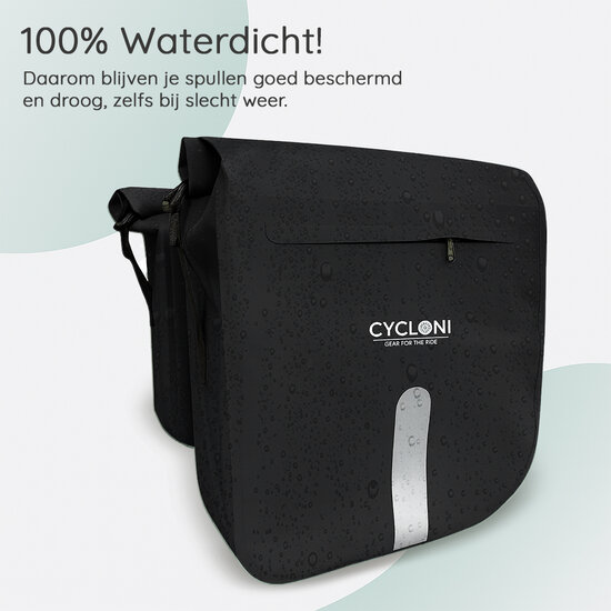 Cycloni Flow Dubbele Fietstas 48L - Zwart - Waterdicht Rolltop - voor E-bike