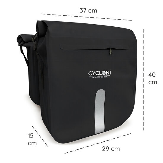 Cycloni Flow Dubbele Fietstas 48L - Zwart - Waterdicht Rolltop - voor E-bike