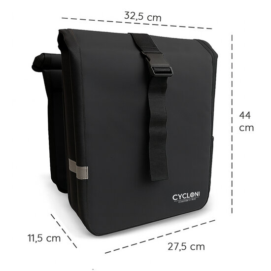 Cycloni Glide Waterdichte Dubbele Fietstas 48L - Zwart - Rolltop Design