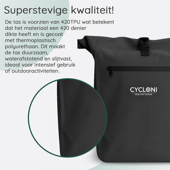Cycloni Dash Waterdichte Fietstas 28L - Zwart - Pakaftas &amp; Rugtas met Laptopvak