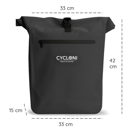 Cycloni Dash Waterdichte Fietstas 28L - Zwart - Pakaftas &amp; Rugtas met Laptopvak