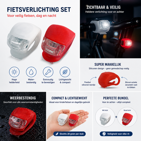 Cycloni Fietsverlichting Set LED - Voor en Achterlicht - Siliconen Stretch Duo - Waterbestendig - Voor Kinderfiets &amp; Stadsf