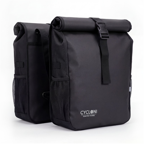 Cycloni Glide Waterdichte Dubbele Fietstas 48L - Zwart - Rolltop Design