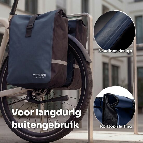 Cycloni Glide Waterdichte Dubbele Fietstas 48L - Zwart - Rolltop Design