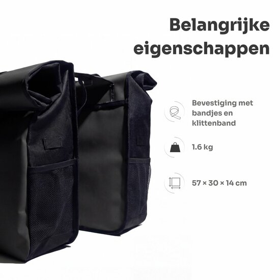 Cycloni Glide Waterdichte Dubbele Fietstas 48L - Zwart - Rolltop Design
