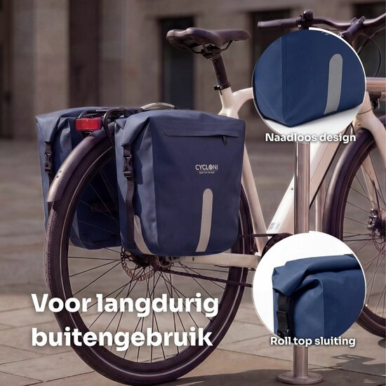 Cycloni Flow Dubbele Fietstas 48L - Blauw - Waterdicht Rolltop - voor E-bike