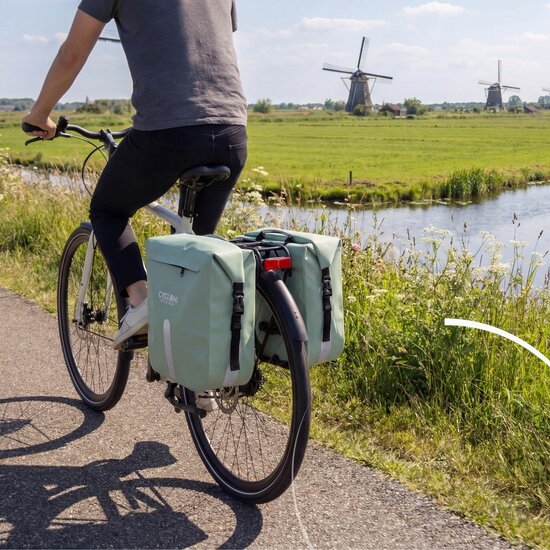 Cycloni Flow Dubbele Fietstas 48L - Mint Groen - Waterdicht Rolltop - voor E-bike