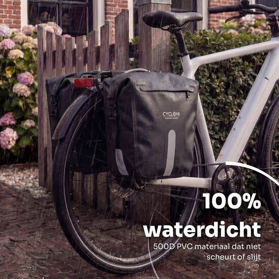 Cycloni Flow Dubbele Fietstas 48L - Zwart - Waterdicht Rolltop - voor E-bike