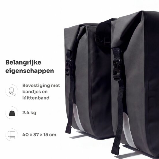 Cycloni Flow Dubbele Fietstas 48L - Zwart - Waterdicht Rolltop - voor E-bike