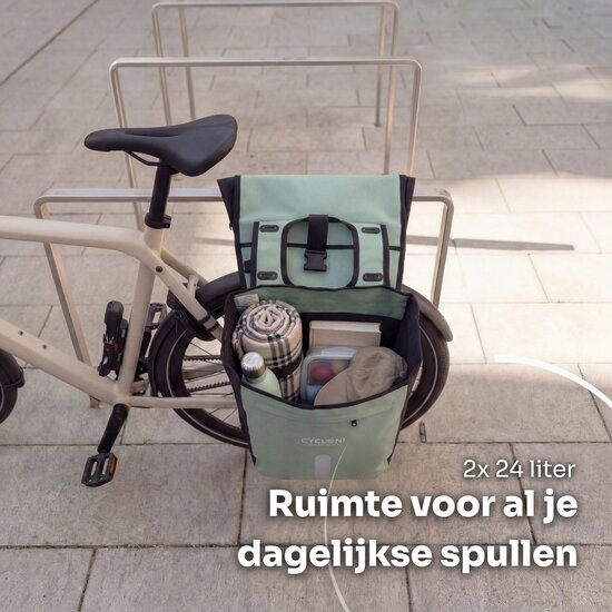 Cycloni Flow Dubbele Fietstas 48L - Zwart - Waterdicht Rolltop - voor E-bike